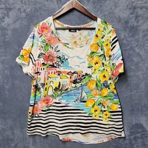 Onque Casual Womens 3X Tropical Scene Blouse Shirt Rhinestone Embellished